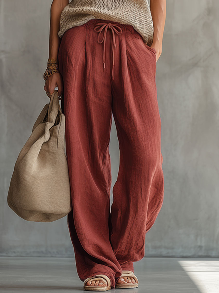 Retro Brick Red Cotton and Linen Wide-leg Pants  - By Qivii