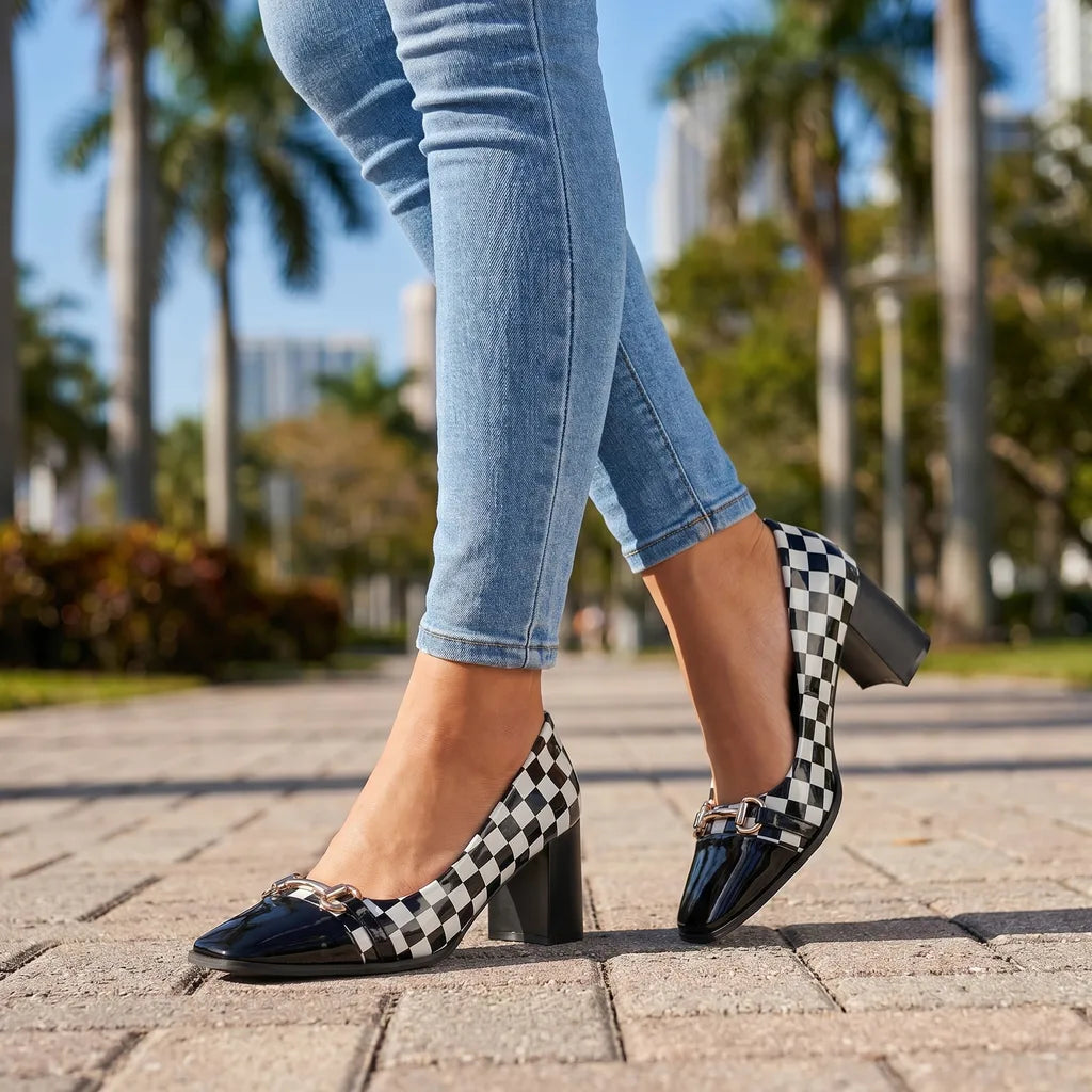 Chiara Plaid Block Heels  - By Qivii