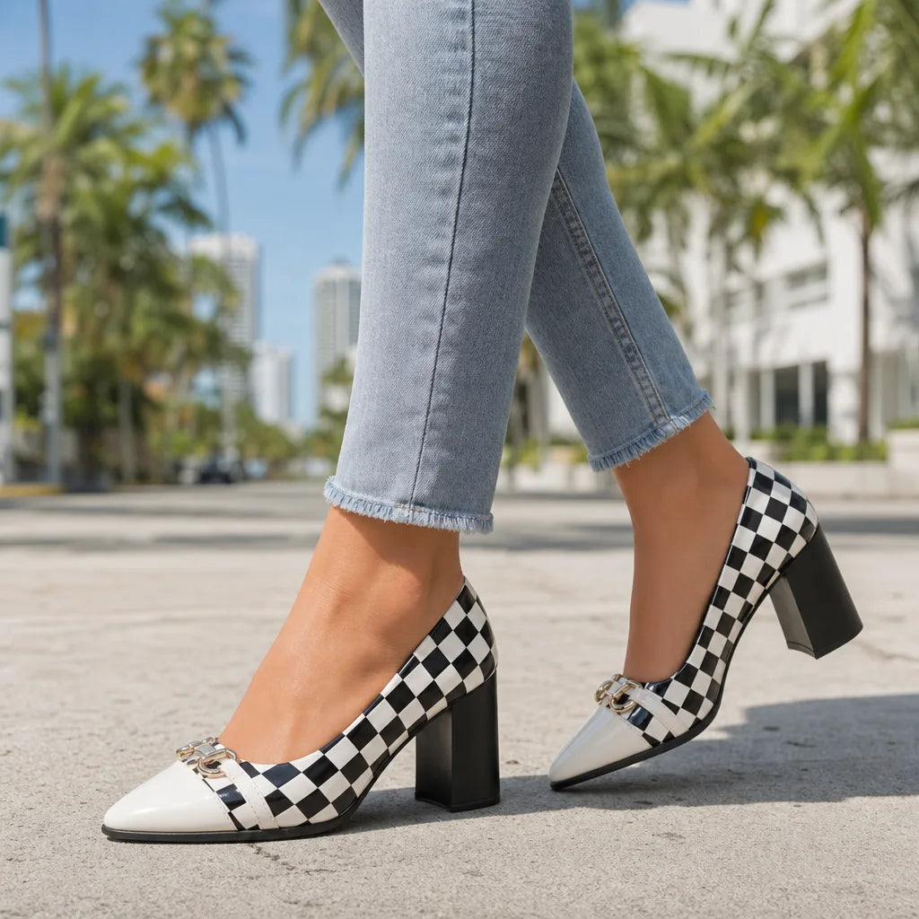 Chiara Plaid Block Heels  - By Qivii