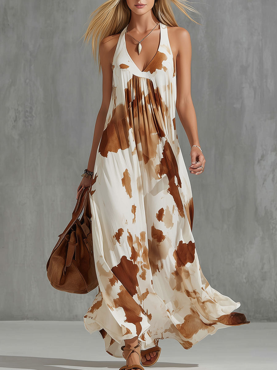 Vintage Brown Cow Print White Chiffon Sleeveless Maxi Dress  - By Qivii
