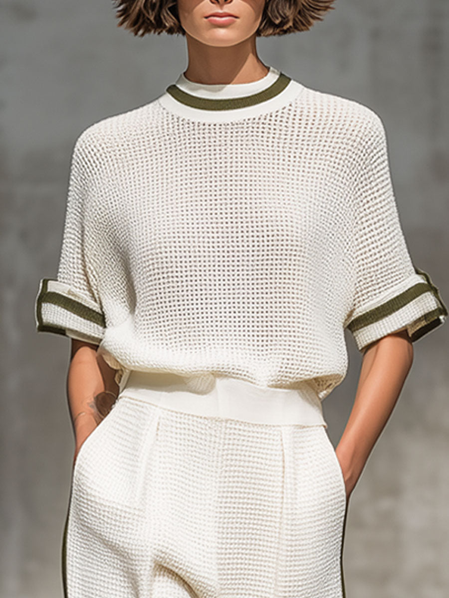 Vintage-Trimmed White Knitted Mesh Short-Sleeved Shirt And Wide-Leg Pants Set  - By Qivii