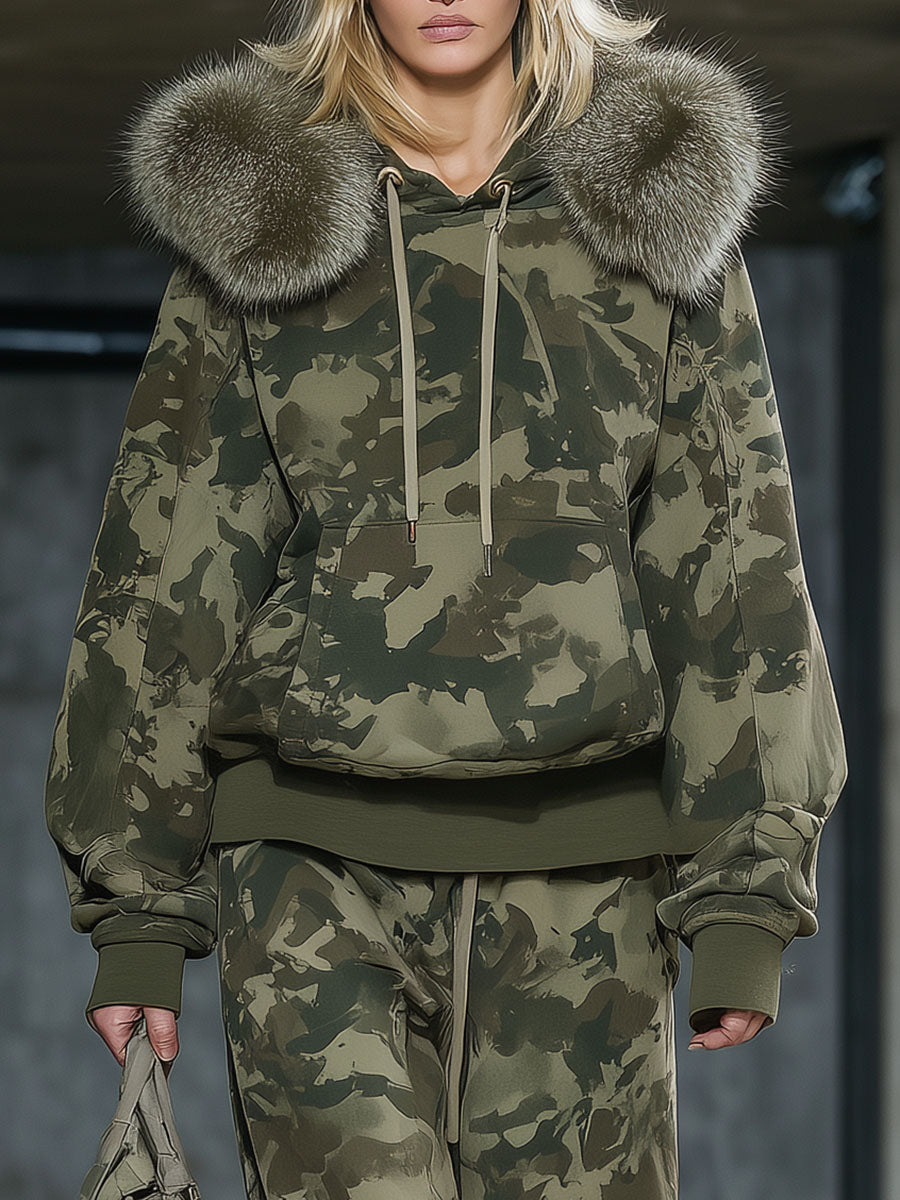 Casual And Fashionable Camouflage Print Faux Fur Collar Sweatshirt And Wide-leg Pants Suit  - By Qivii
