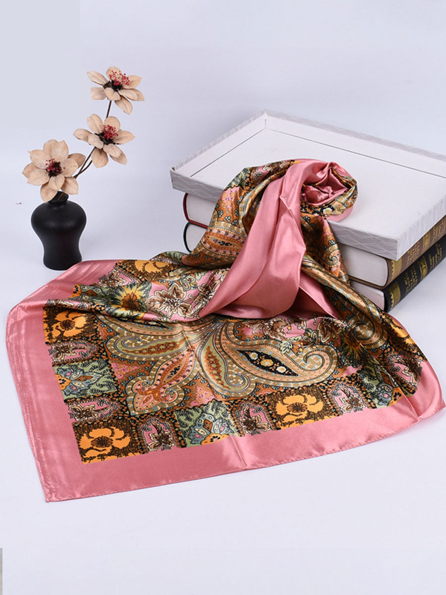Vintage Bohemian Paisley Print Satin Square Scarf  - By Qivii