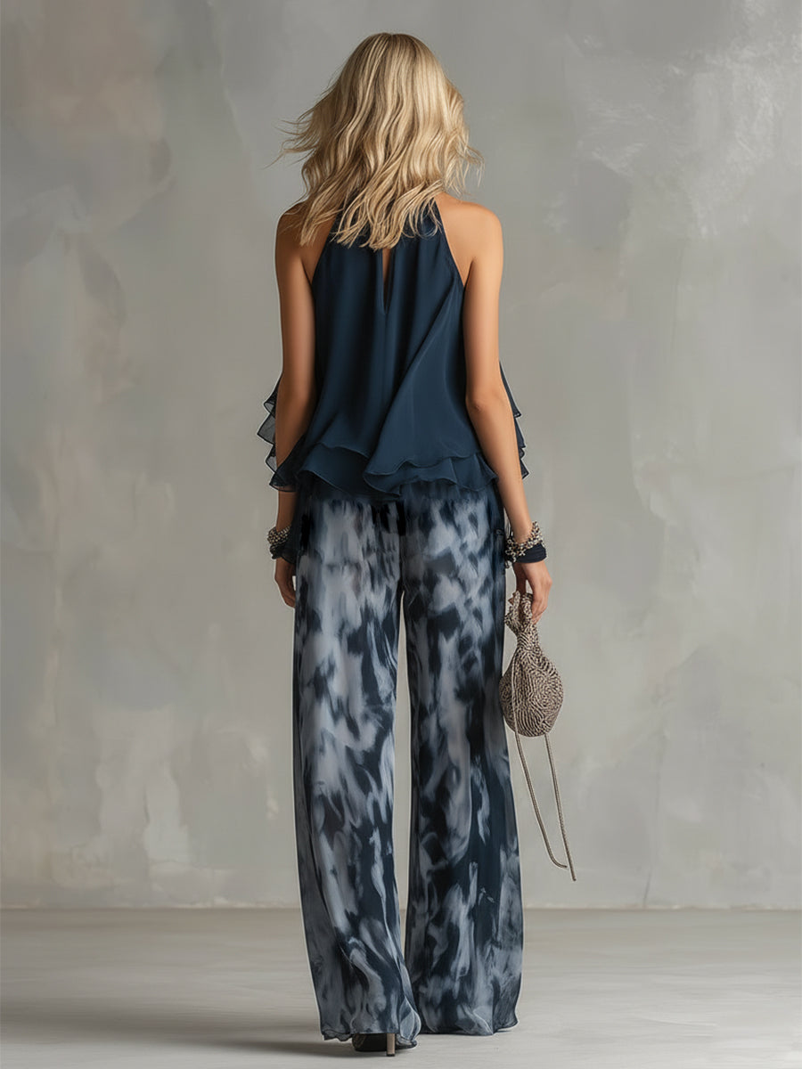 Elegant Urban Navy Blue Halter Neck Top And Printed Wide-leg Pants Chiffon Set  - By Qivii
