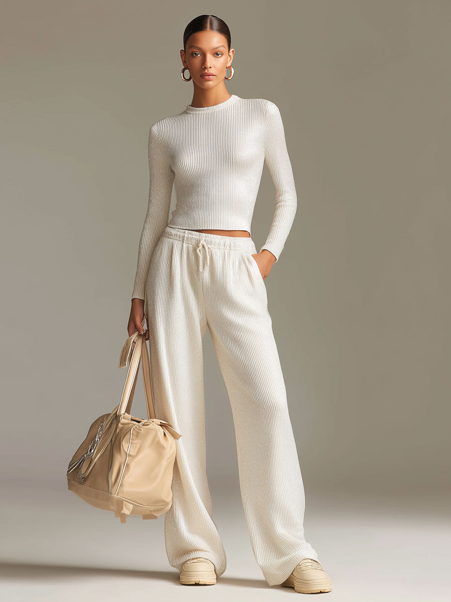 Fashionable Sporty White Knit Ribbed Crew Neck Top And Wide-leg Pants Set  - By Qivii