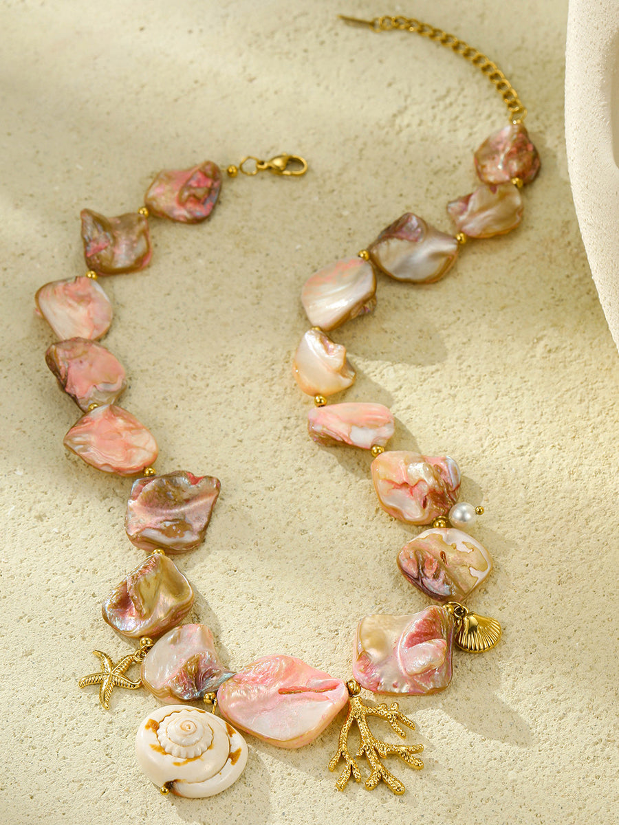 Beach Style Pink Shell Coral Stainless Steel Necklace  - By Qivii