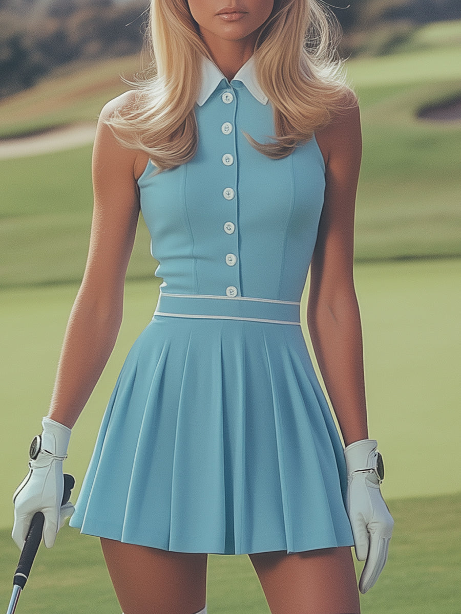 Elegant Sports White Button Detail Baby Blue Sleeveless Mini Dress  - By Qivii