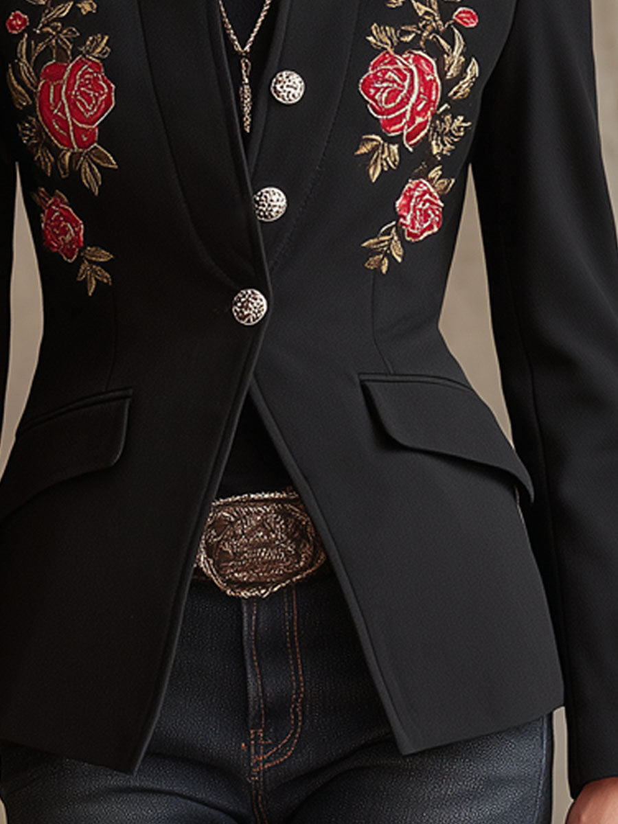 Stand Collar Single-breasted Rose Embroidered Woolen Blazer  - By Qivii