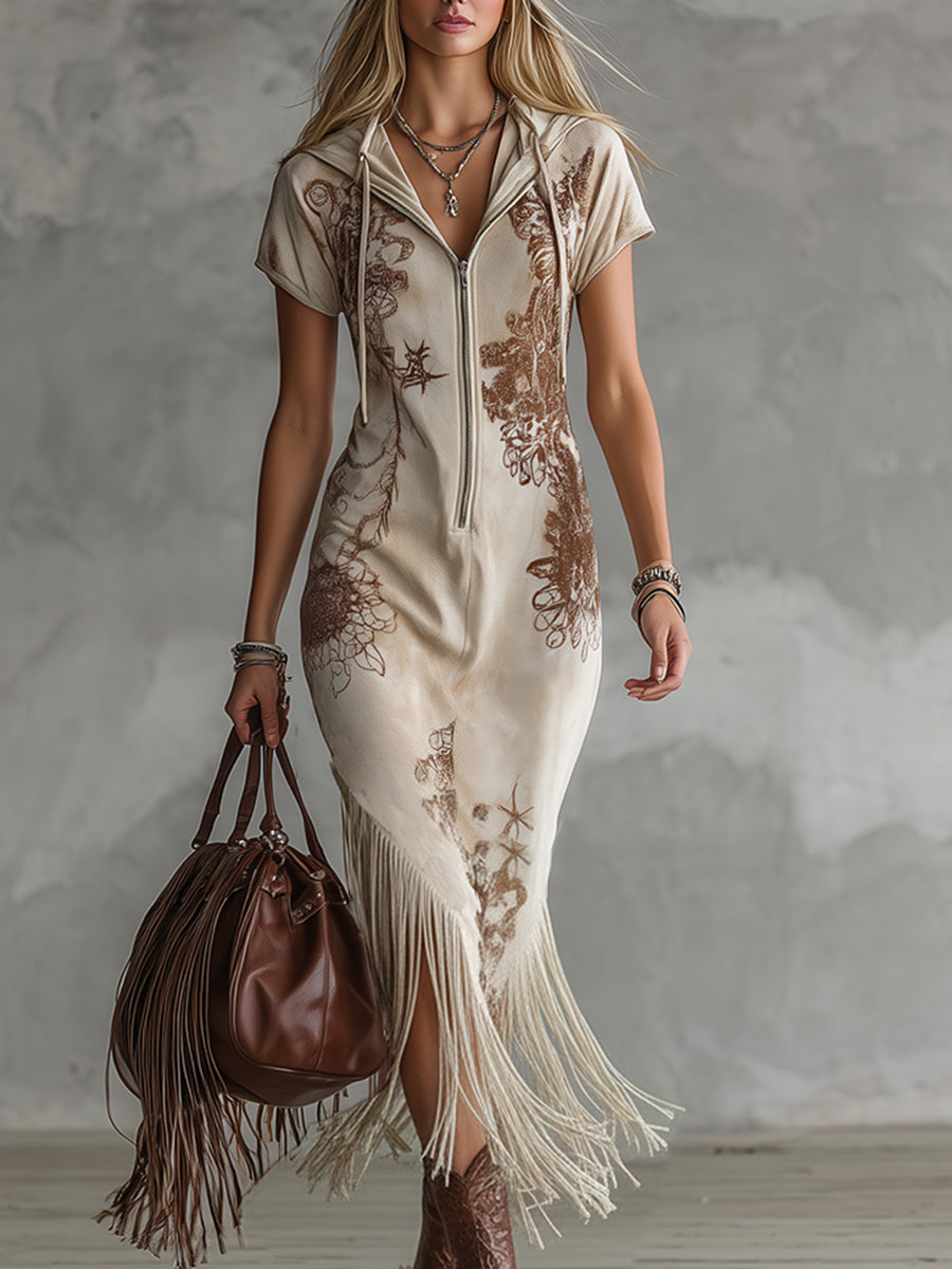 Elegant Vintage-print Off-white Faux Suede Hooded Maxi Dress  - By Qivii