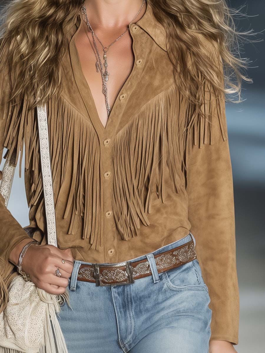 Casual Vintage Western Button Front Tassel Long Sleeve Light Brown Fuax Suede Shirt Top  - By Qivii