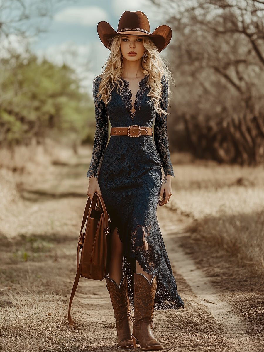 Vintage Bohemian Blue Lace Long Sleeve Midi Dress  - By Qivii
