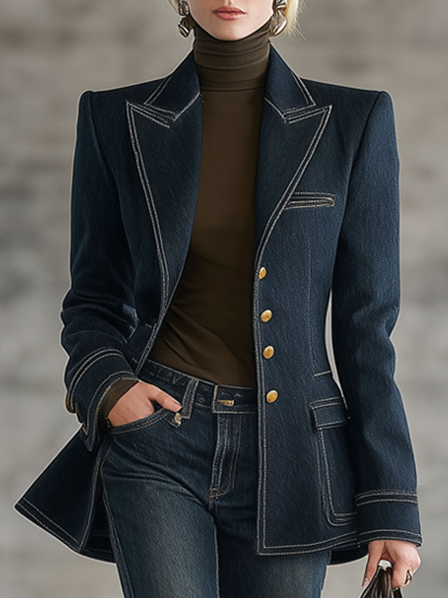 Fashion Retro Topstitched Navy Blue Denim Jacket  - By Qivii