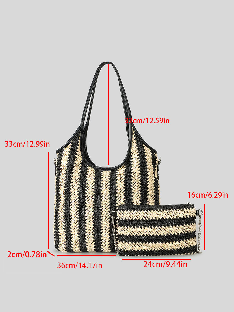 Women's Contrast Striped Vintage Straw Shoulder Bag MDA0831H2Y