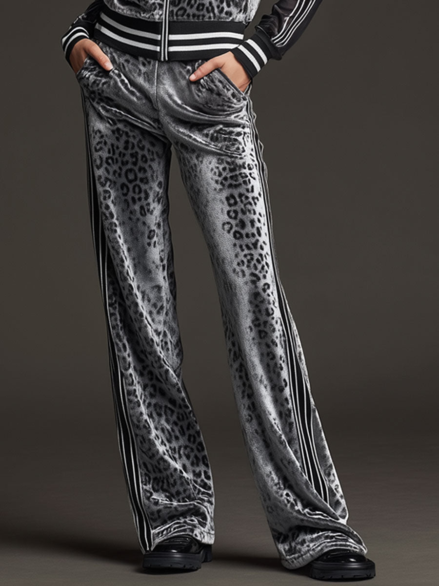 Sporty Retro Striped Mesh Sleeve Gray Leopard Print Velvet Sweatshirt And Pants Set  - By Qivii
