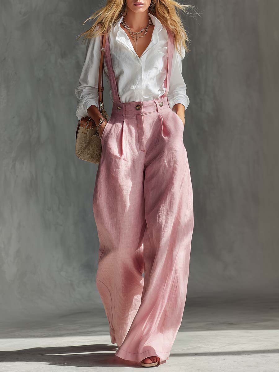 Elegant Vintage Versatile Pink Cotton And Linen Wide-leg Pants Overalls  - By Qivii