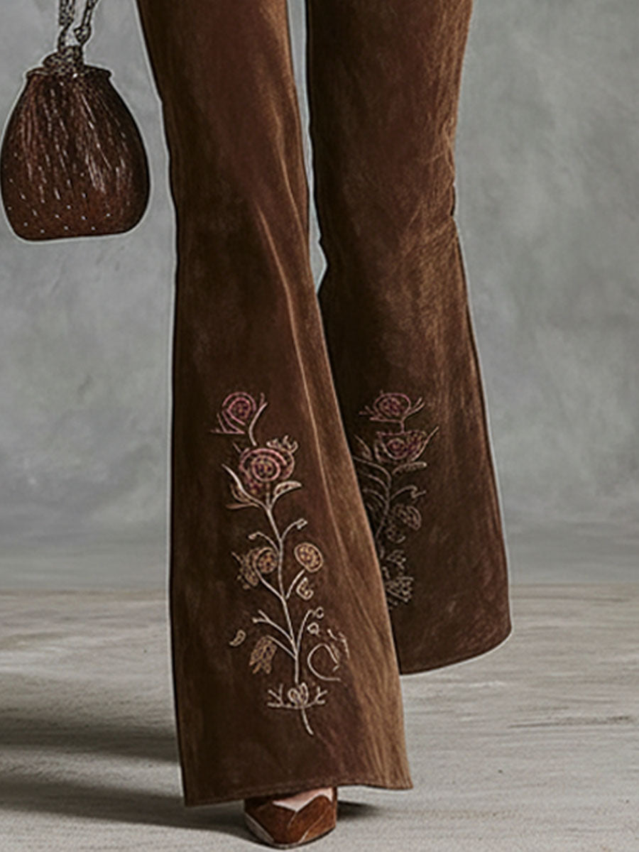 Western-style Floral Embroidered Pocket Flared Pants  - By Qivii
