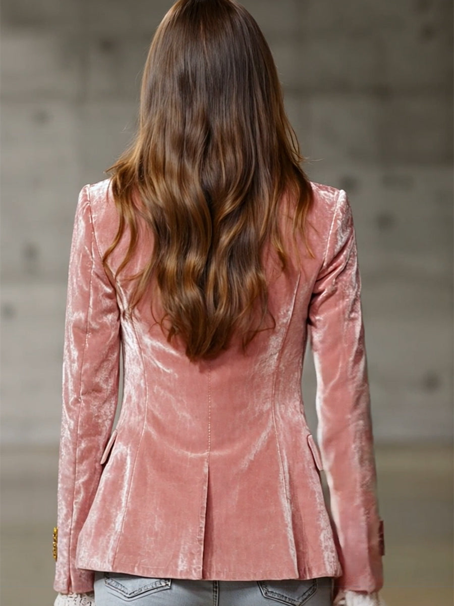 Fashion Retro Pink Velvet Gold Button Blazer  - By Qivii