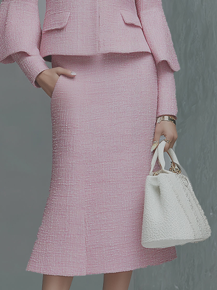 Elegant Neckline Bow Tie Trumpet Sleeve Jacket Skirt Tweed Set  - By Qivii