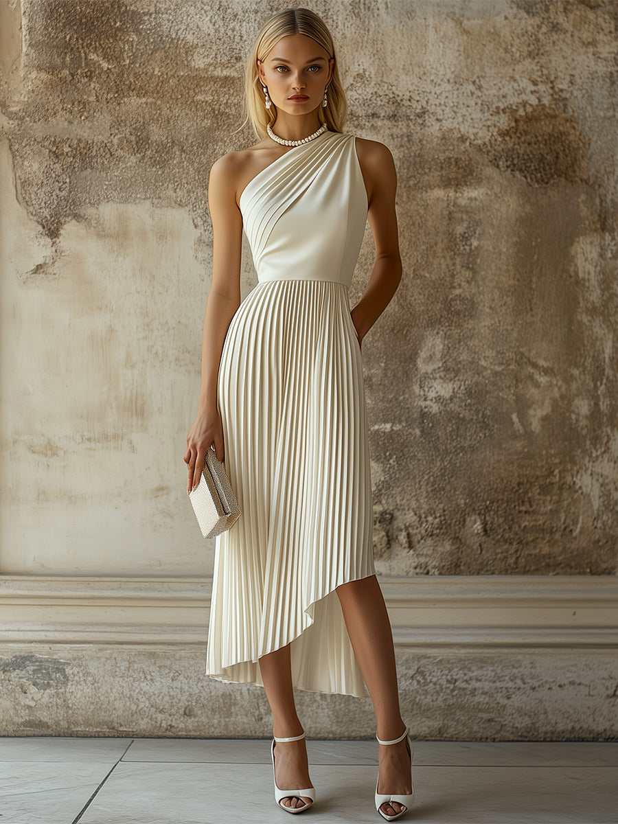 Elegant High-end Evening Gown White Pleated Sleeveless Midi Dress - By Qivii