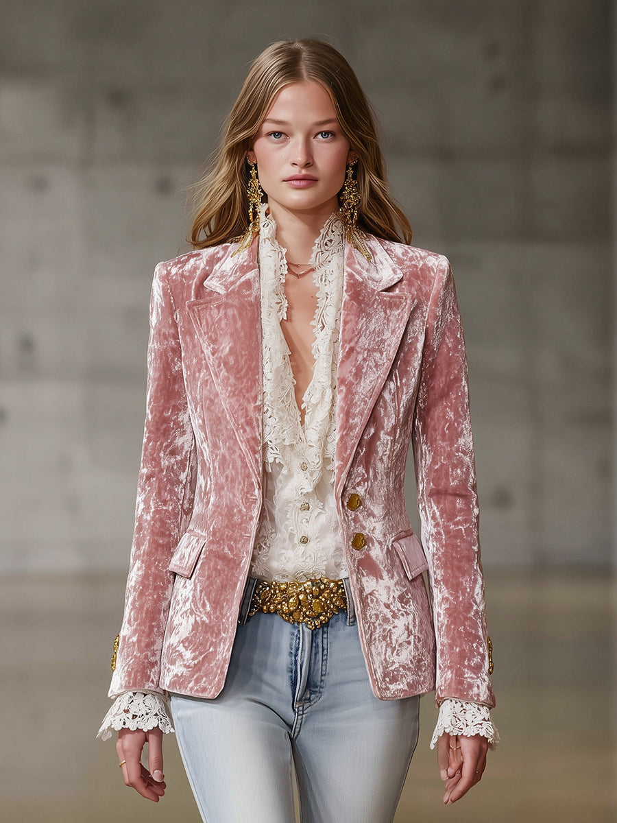 Fashion Retro Pink Velvet Gold Button Blazer  - By Qivii