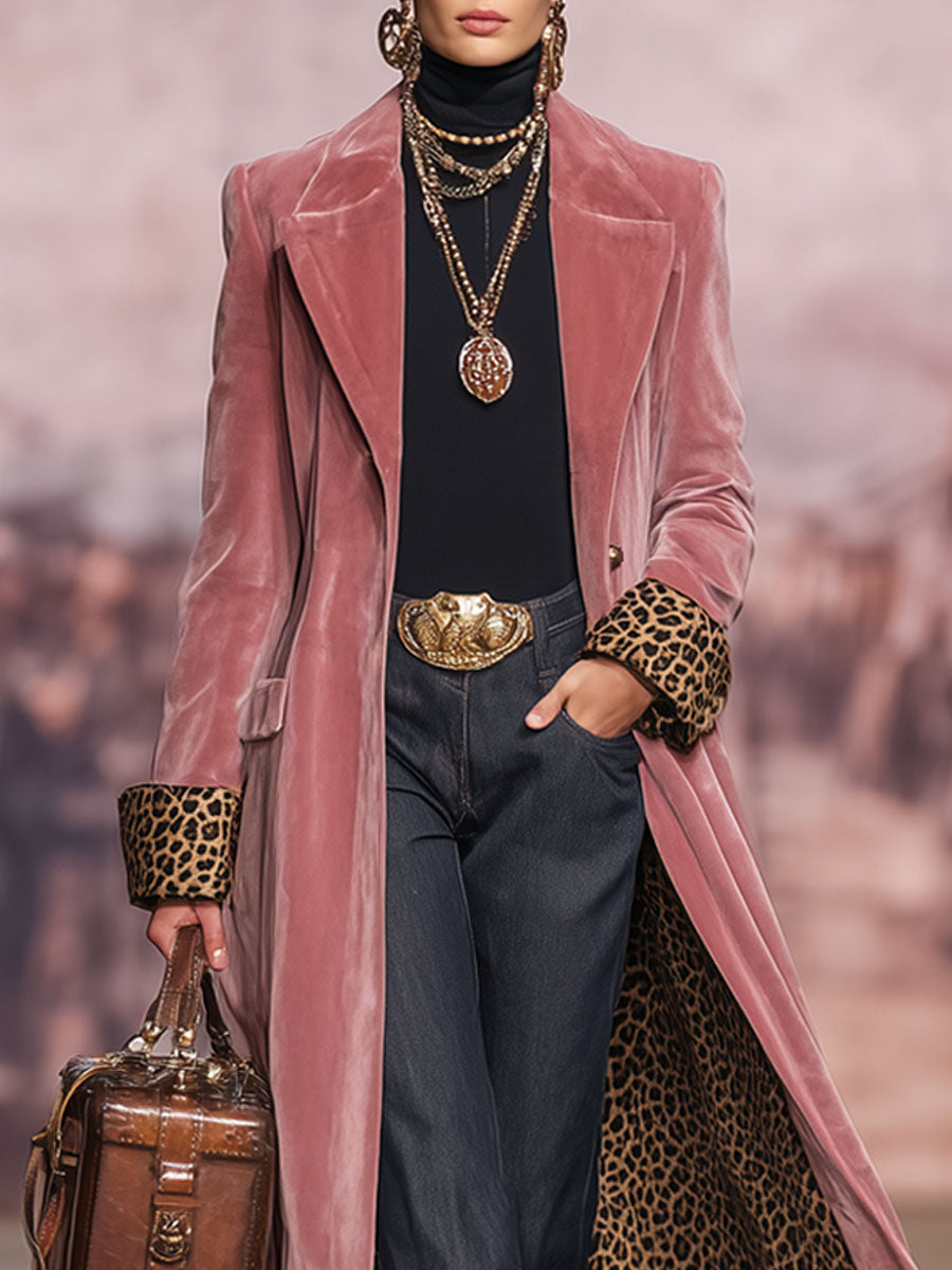 Lapel Single-breasted Velvet And Leopard Print Coat  - By Qivii