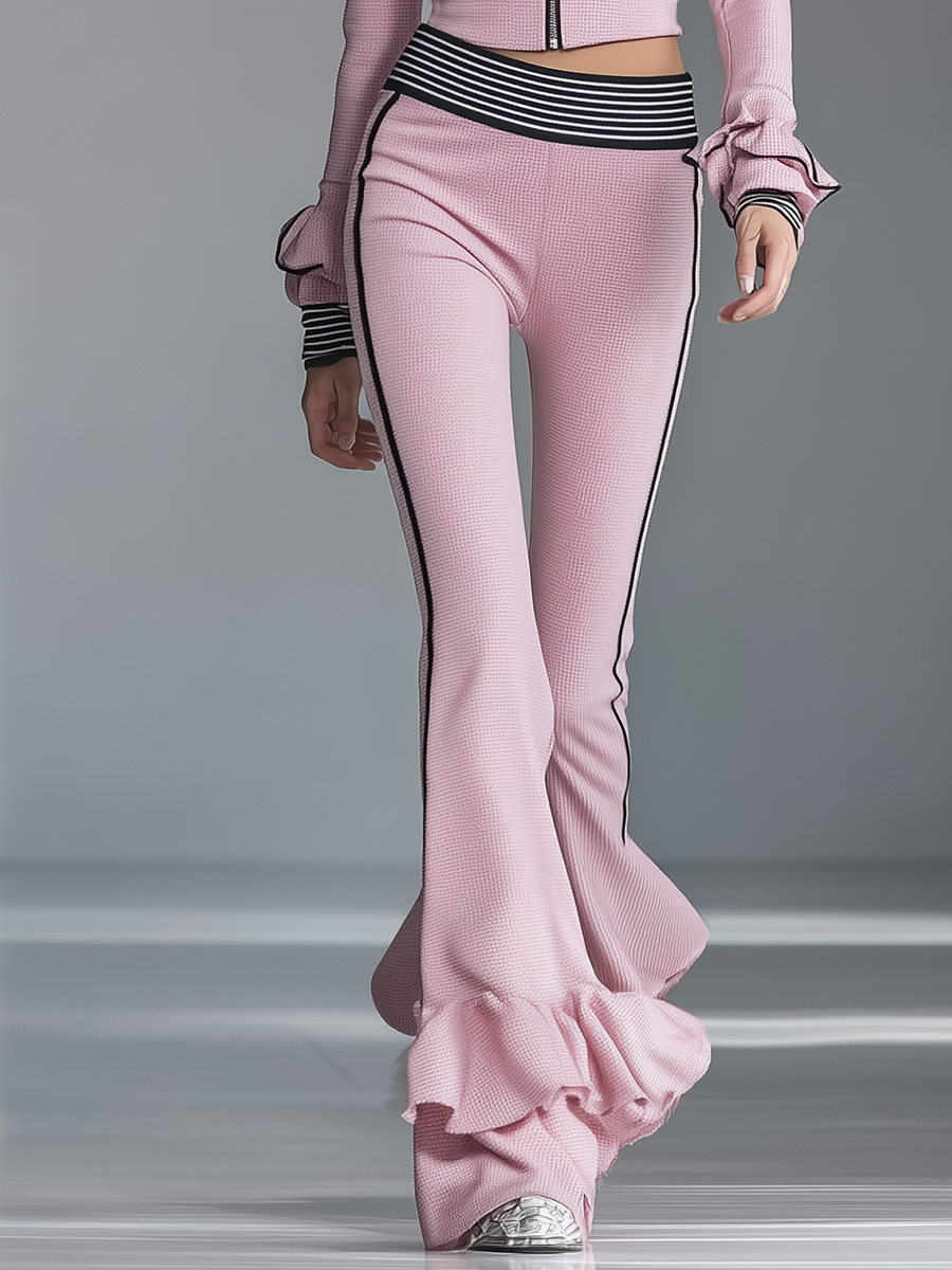Elegant Sporty Black-trimmed Pink Flared Pants Set  - By Qivii