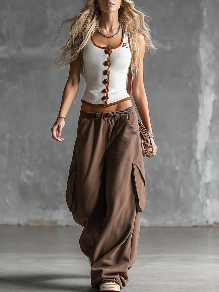 Stylish Sporty White Tank Top And Brown Sweatpants Set  - By Qivii