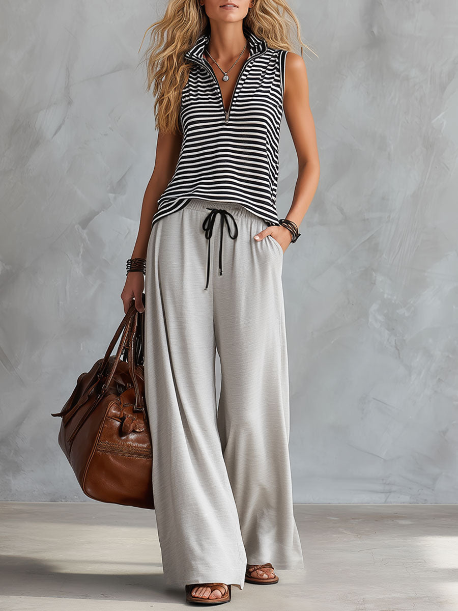 Sporty Retro Black And White Striped Half-Zip Sleeveless T-Shirt And Wide-Leg Pants Set  - By Qivii