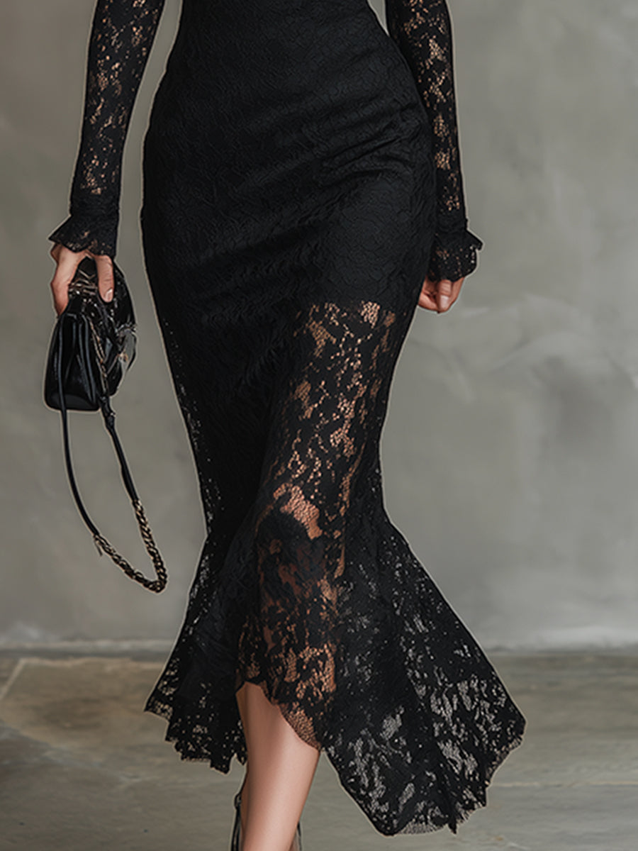 Elegant Party Black Stretch Lace Fishtail Maxi Dress  - By Qivii