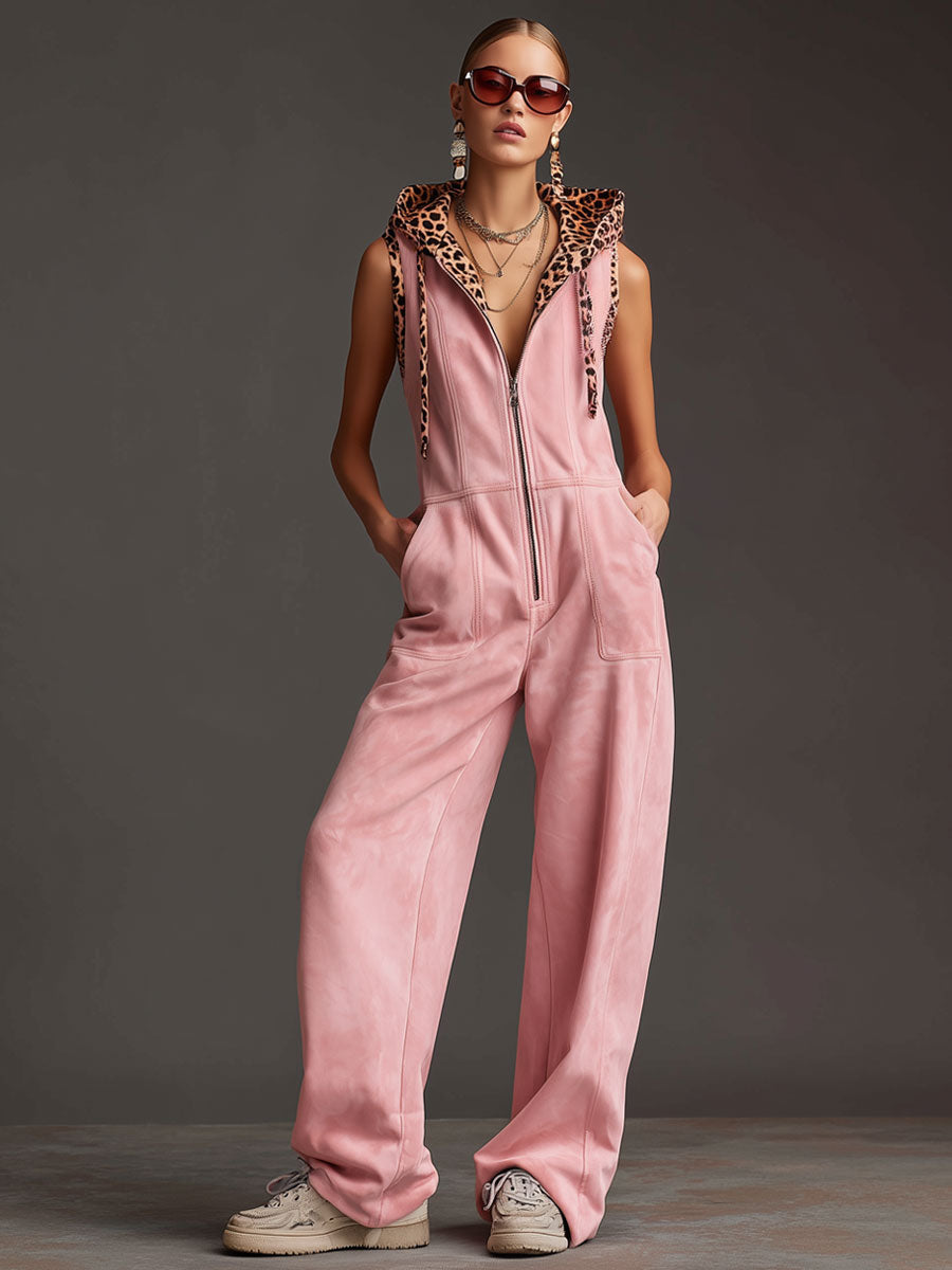 Western Retro Pink Faux Suede Sleeveless Leopard Print Hooded Wide-Leg Jumpsuit  - By Qivii
