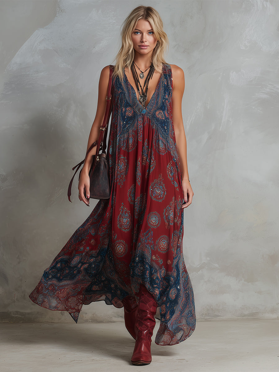Retro Ethnic Bohemian Print Chiffon Sleeveless Maxi Dress  - By Qivii