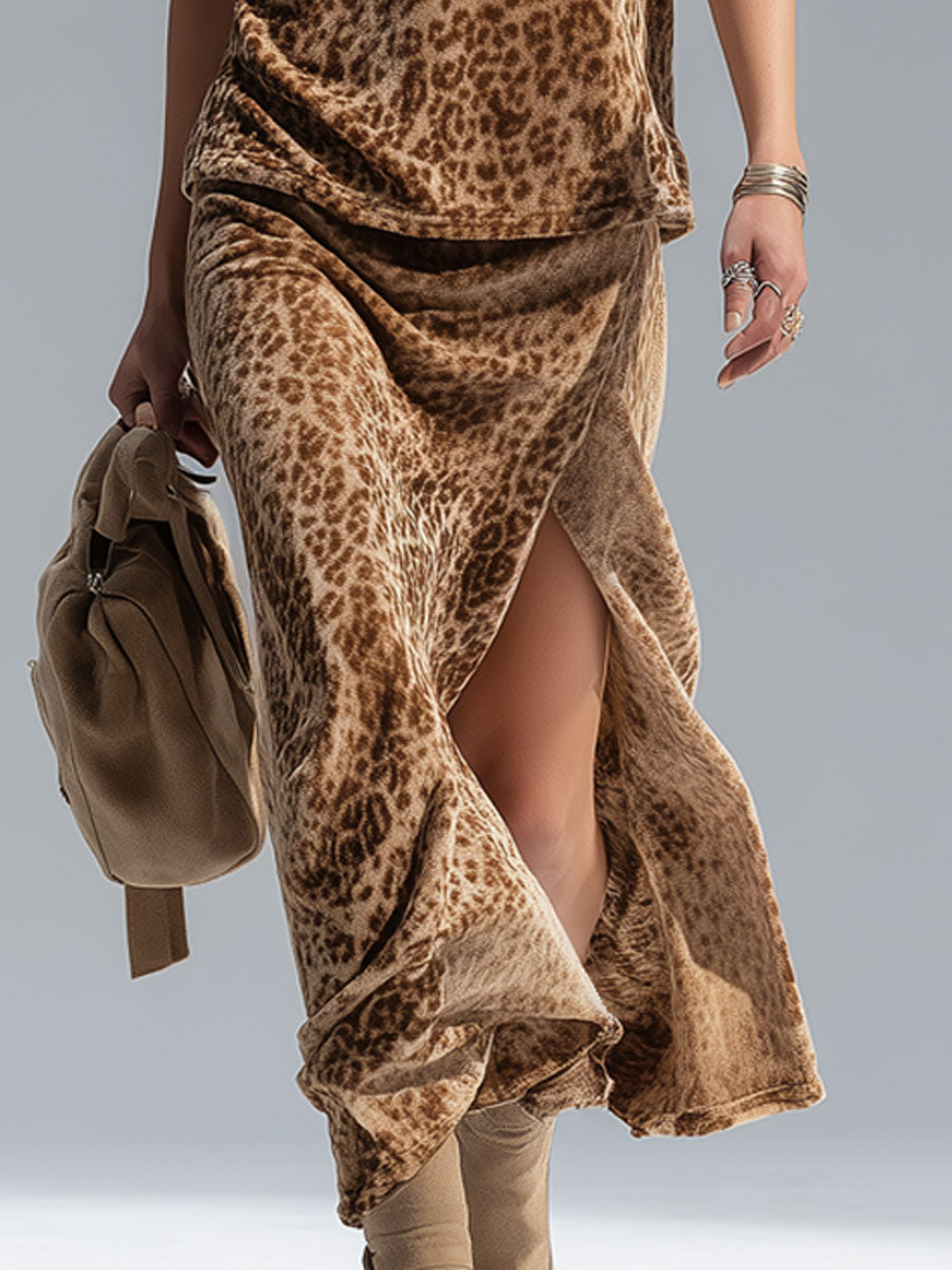 Leopard Print Crew Neck Sleeveless Vest And Split-hem Velvet Skirt Set  - By Qivii