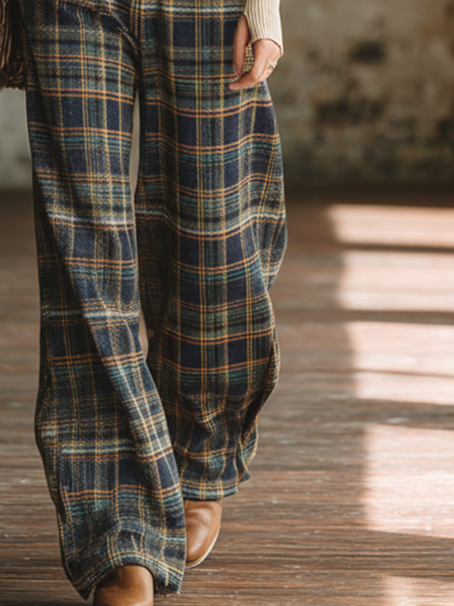 Classic Retro Blue Plaid Side-button Wide-leg Overalls  - By Qivii