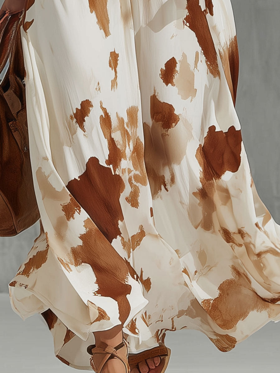 Vintage Brown Cow Print White Chiffon Sleeveless Maxi Dress  - By Qivii