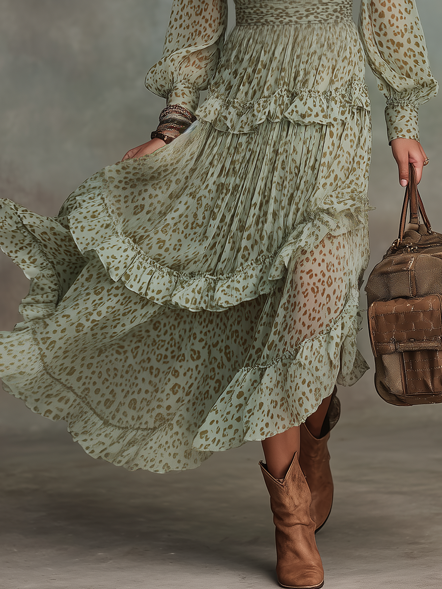 Vintage And Elegant V-neck Ruffled Leopard Print Chiffon Midi Dress  - By Qivii