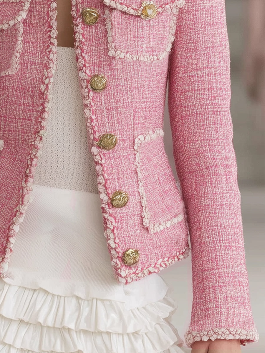Designer Pink Tweed Patchwork White Trim Button Jacket  - By Qivii