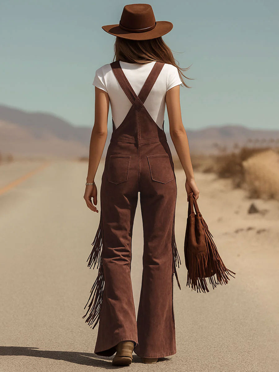 Brown Micro-suede Pocket Tassel Wide-leg Overalls  - By Qivii