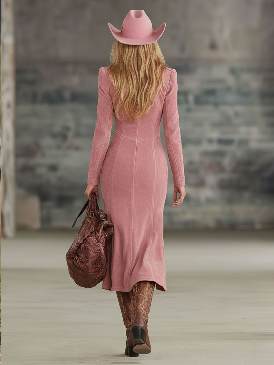 Lapel Collar Zip-up Side-slit Embroidered Faux Suede Long-sleeved Midi Dress  - By Qivii