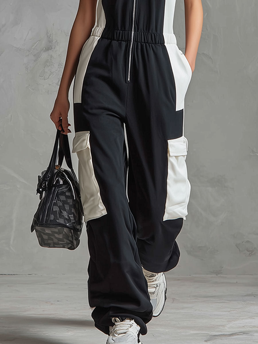 Casual Retro Sporty Black And White Color-blocked V-neck Half-zip Jumpsuit  - By Qivii