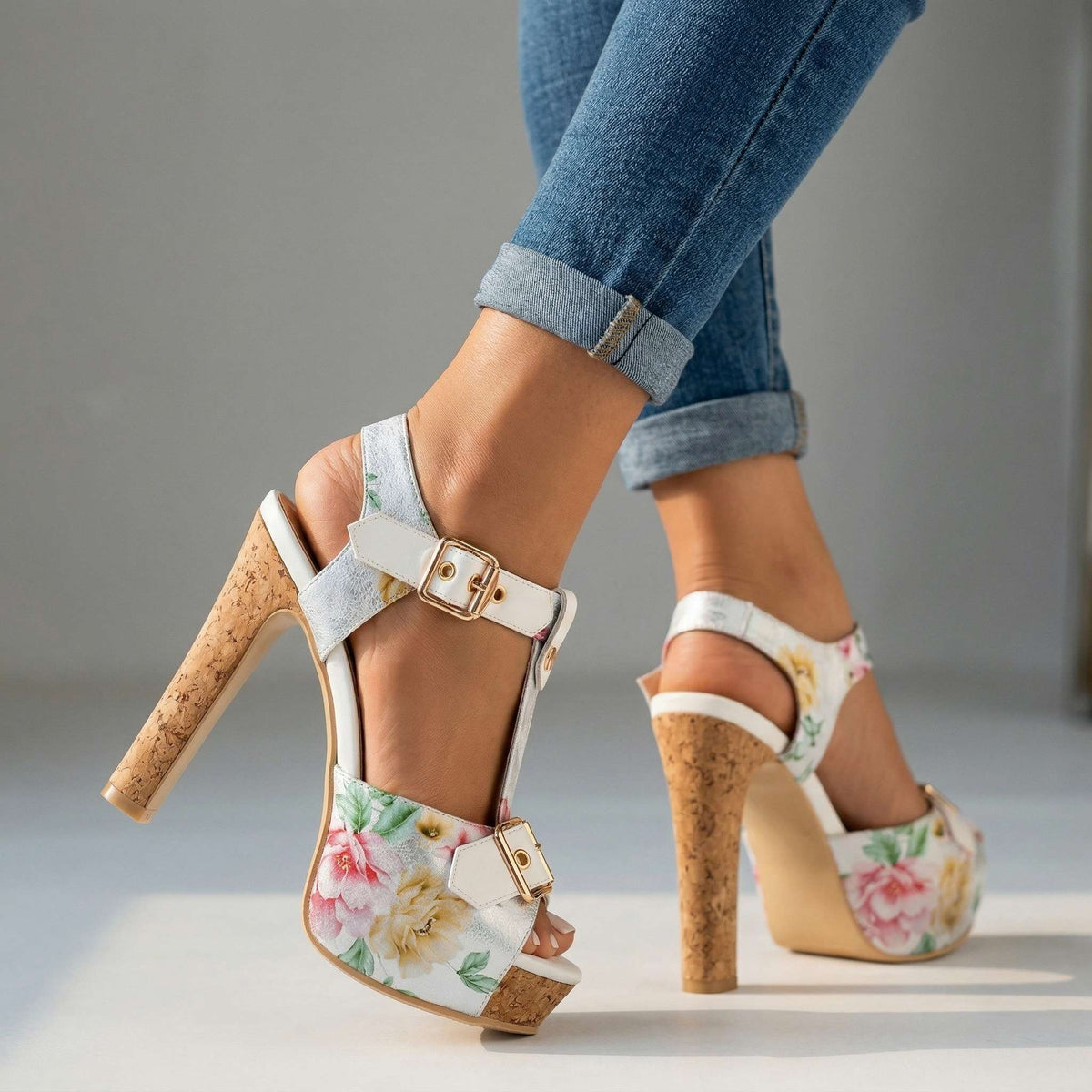 Alexis Open Toe Buckle Heels  - By Qivii