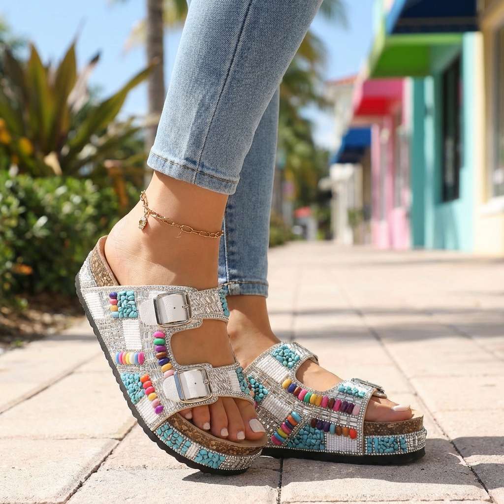Samantha Beaded Platform Slides  - By Qivii