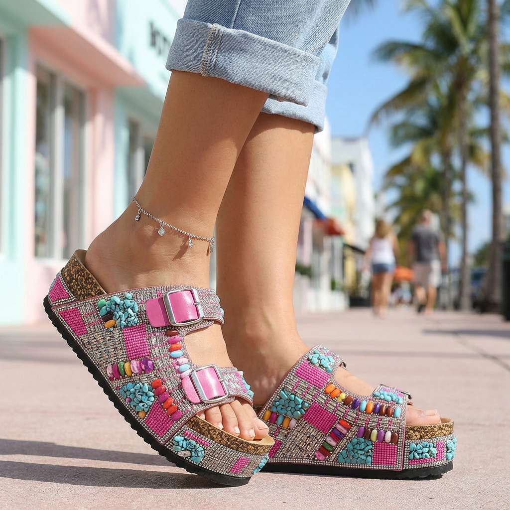 Samantha Beaded Platform Slides  - By Qivii