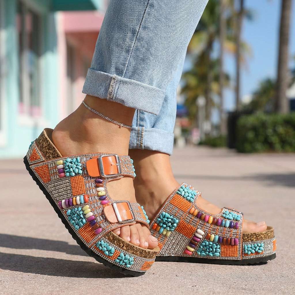 Samantha Beaded Platform Slides  - By Qivii
