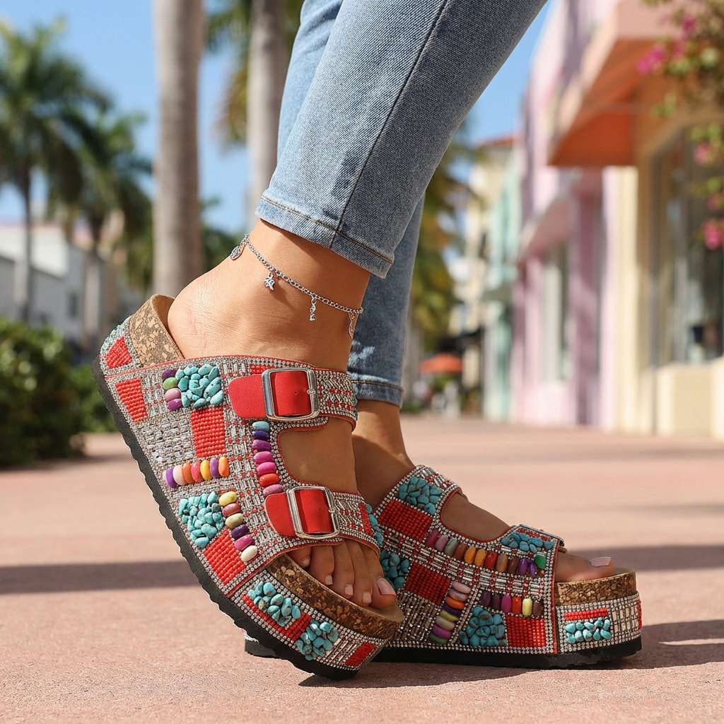 Samantha Beaded Platform Slides  - By Qivii