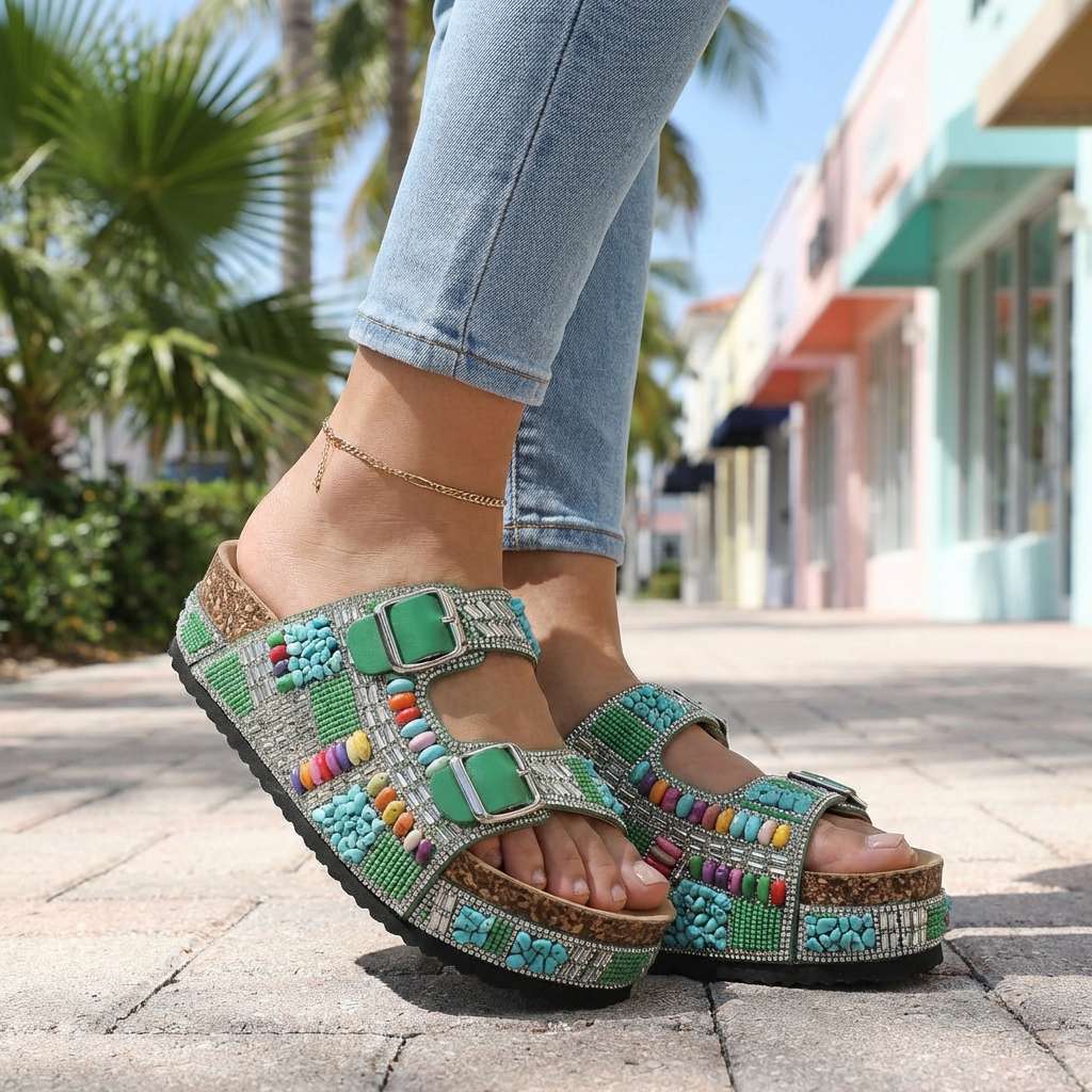 Samantha Beaded Platform Slides  - By Qivii