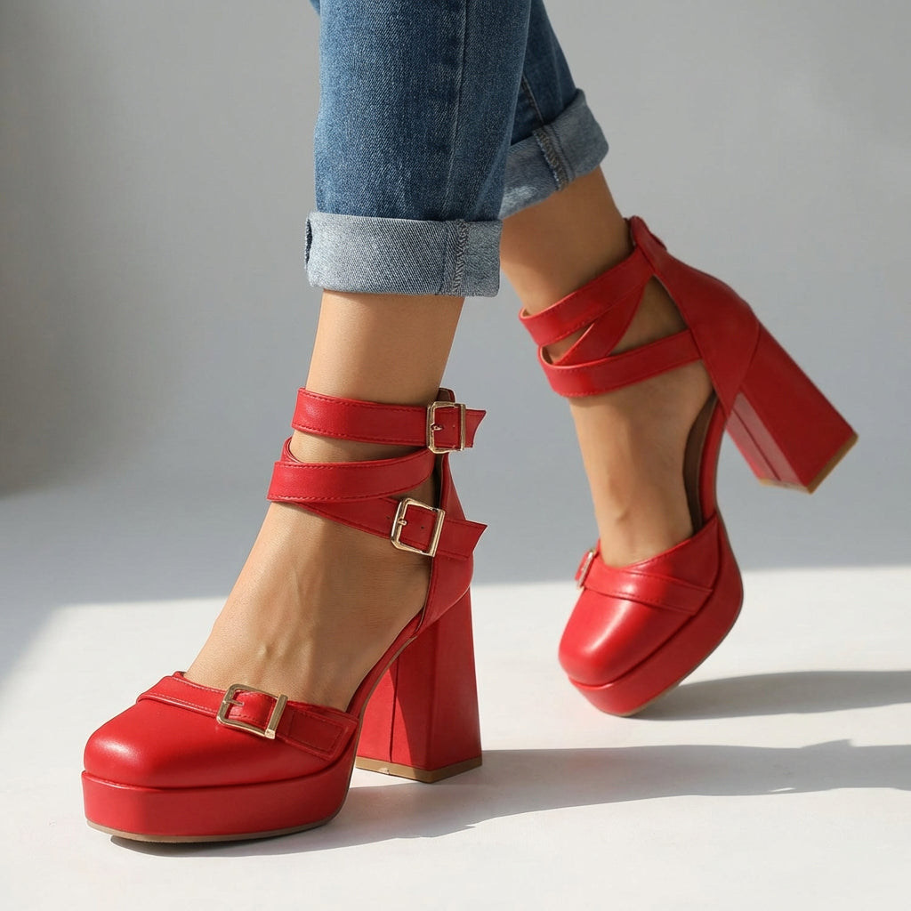Miranda Buckle Strap Heels  - By Qivii