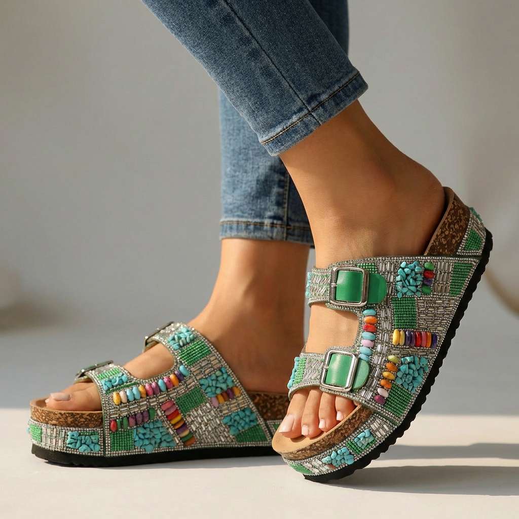 Samantha Beaded Platform Slides  - By Qivii