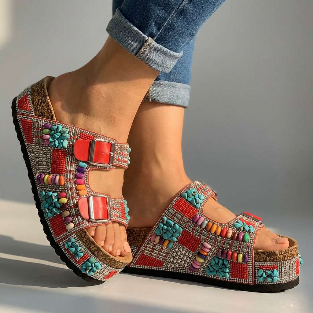 Samantha Beaded Platform Slides  - By Qivii