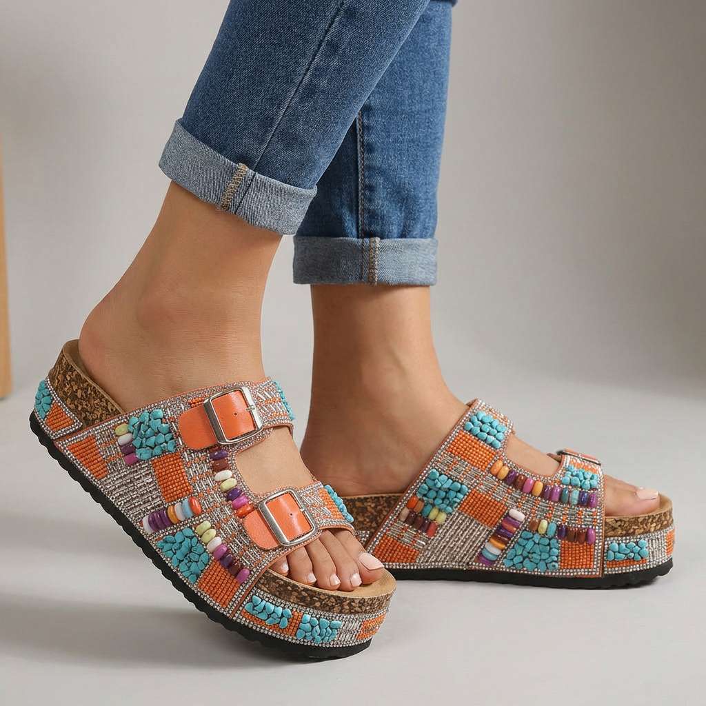 Samantha Beaded Platform Slides  - By Qivii