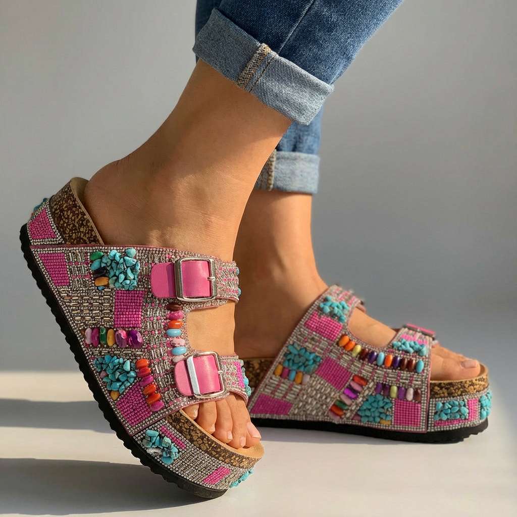 Samantha Beaded Platform Slides  - By Qivii